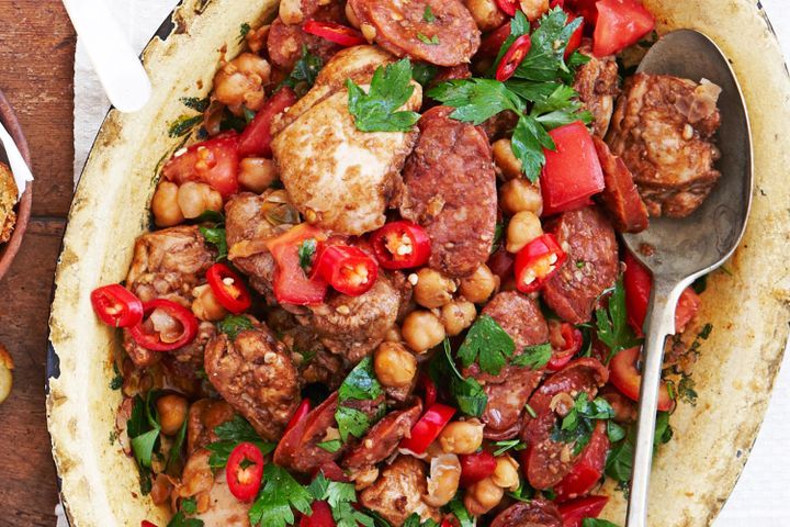 Cooking Meat Smoky chicken, chorizo and chickpeas