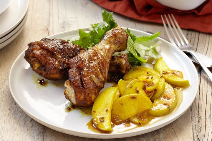 Cooking Meat Spiced chicken drumsticks with fresh apple chutney