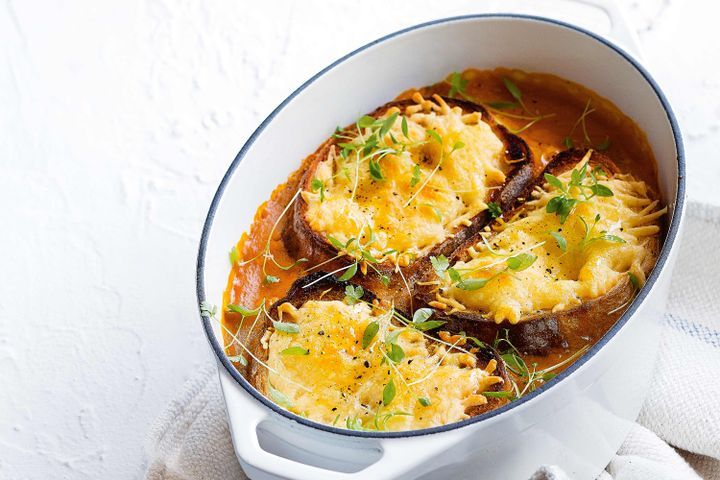 Cooking Meat Spiced root vegetable soup with giant cheesy croutons