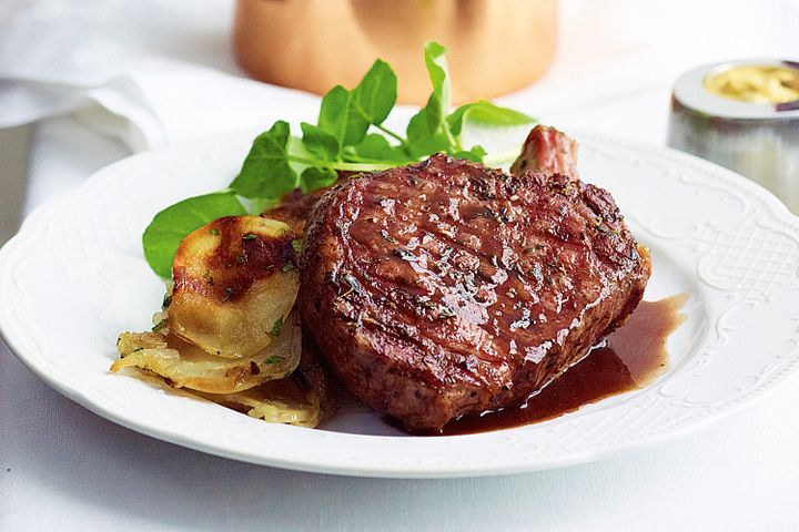 Cooking Meat Steak with quick sauce bordelaise and boulangere potatoes