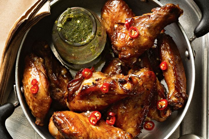 Cooking Meat Sticky Vietnamese chicken wings with spicy mint sauce