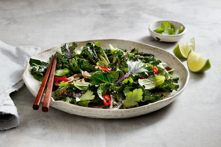 Cooking Meat Stir-fried kalettes with chilli and fresh herbs