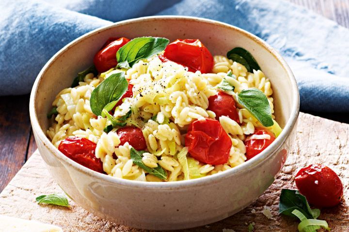 Cooking Meat Sweet leek risoni with roasted tomatoes and oregano