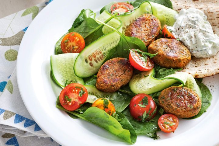 Cooking Meat Sweet potato and coriander felafels with tomato herb salad