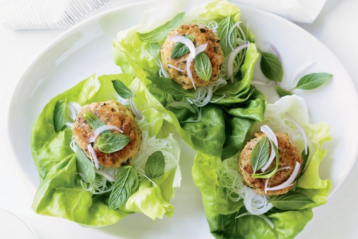 Cooking Meat Thai chicken patties in lettuce cups