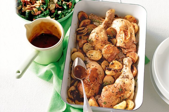 Cooking Meat Tray-roasted chicken with potatoes and garlic gravy