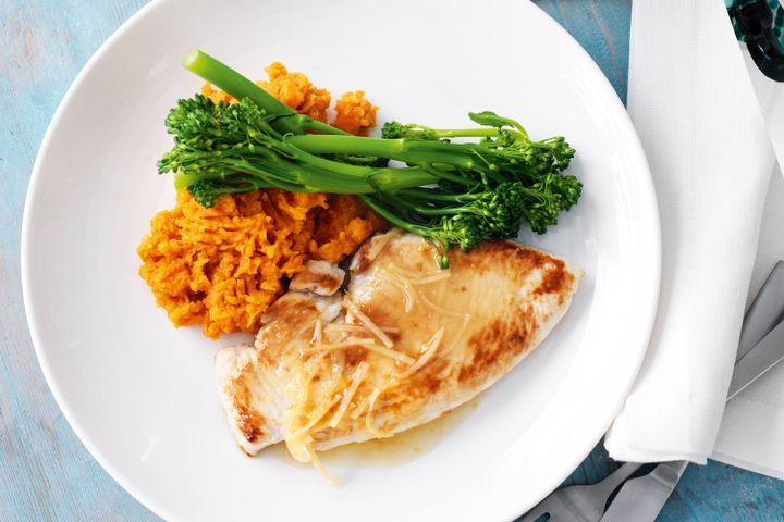 Cooking Meat Turkey steaks with ginger sauce & sweet potato mash