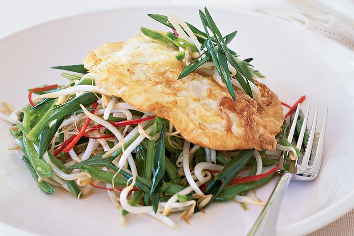 Cooking Eggs Asian-style fried egg on bean sprout salad