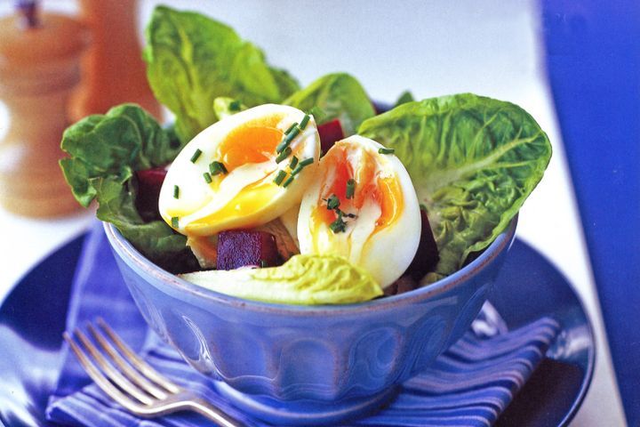 Cooking Eggs Baby cos and beetroot salad with soft-boiled egg