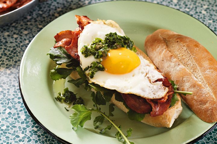 Cooking Eggs Bacon and egg rolls with green sauce