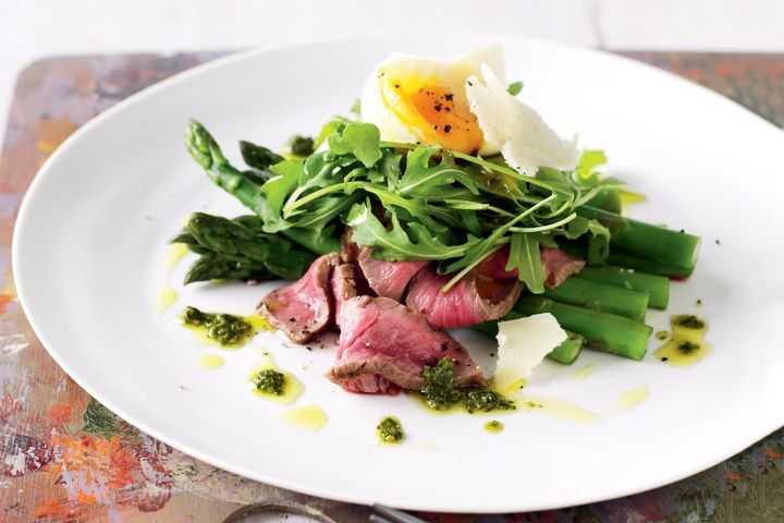 Cooking Eggs Beef & asparagus salad with soft-boiled egg