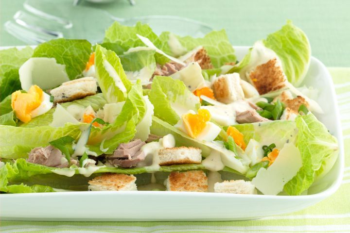 Cooking Eggs Caesar salad with tuna