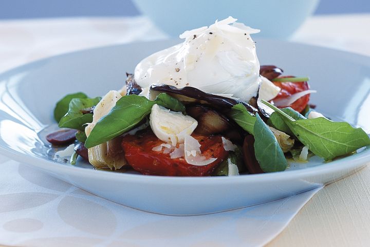 Cooking Eggs Char-grilled vegetable salad with poached eggs