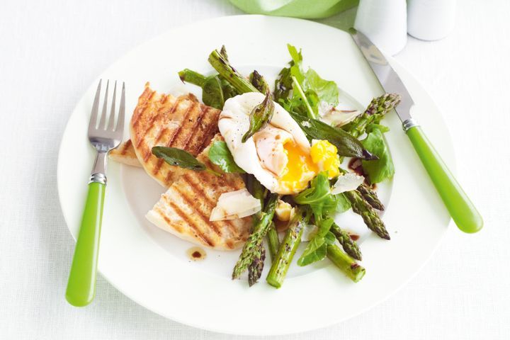 Cooking Eggs Chargrilled asparagus and parmesan salad with poached eggs and crisp sage