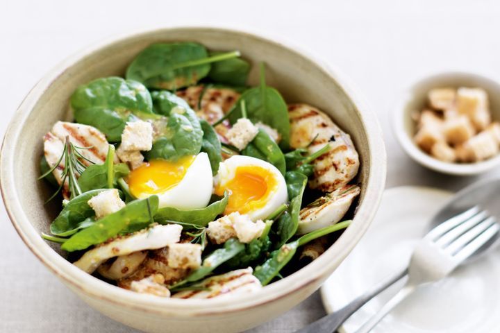 Cooking Eggs Chicken, spinach and soft-boiled egg salad