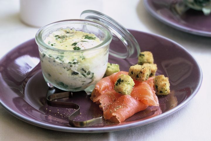Cooking Eggs Coddled eggs with crunchy croutons and smoked salmon