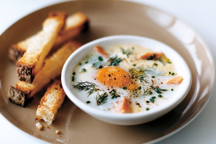 Cooking Eggs Coddled eggs with smoked trout and herbs