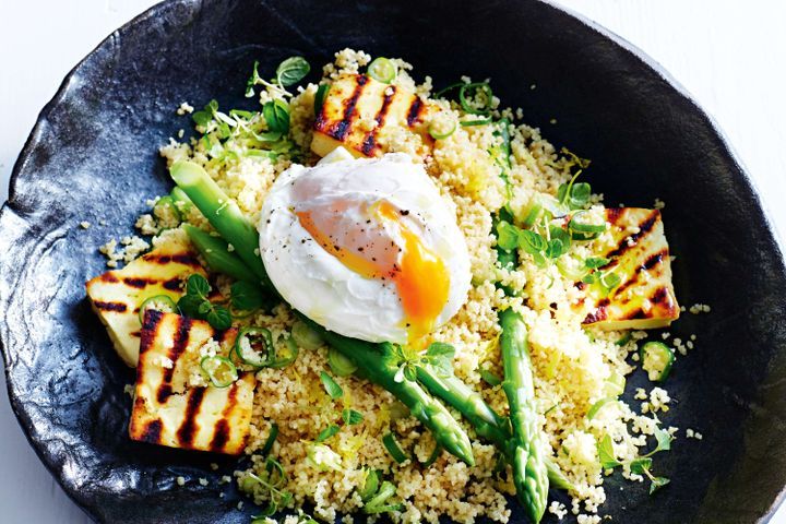 Cooking Eggs Couscous, haloumi and poached egg salad