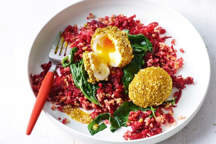 Cooking Eggs Dukkah-rolled eggs with freekeh and beetroot