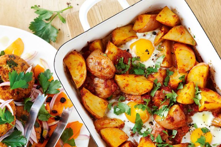 Cooking Eggs Eggs baked in patatas bravas