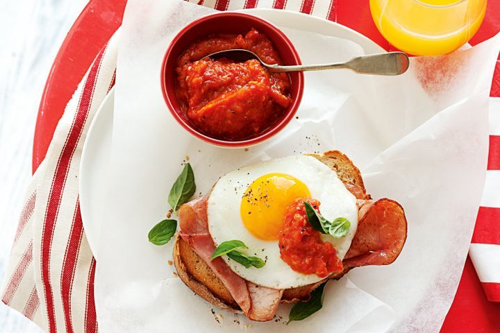 Cooking Eggs Fried ham and eggs with spicy homemade relish