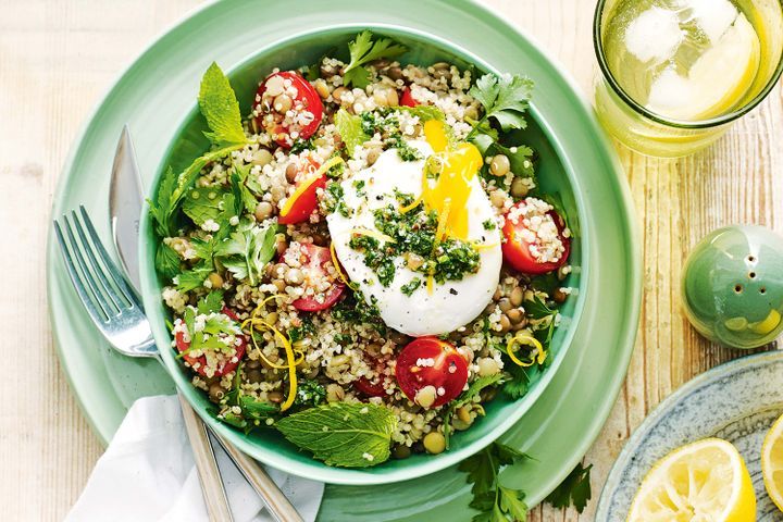 Cooking Eggs Green lentil and quinoa salad with poached eggs and basil pesto