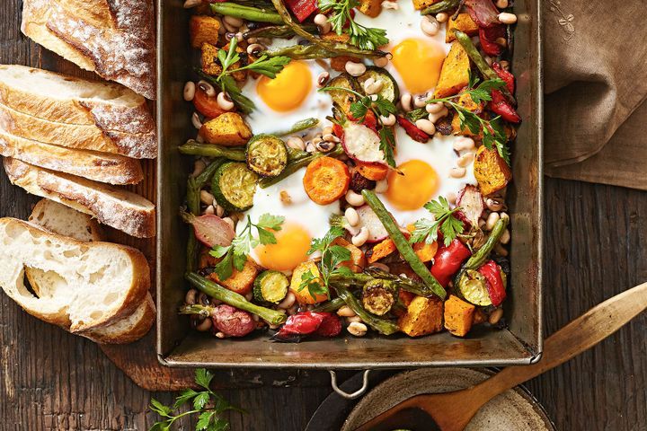 Cooking Eggs Harissa vegetable and egg tray bake