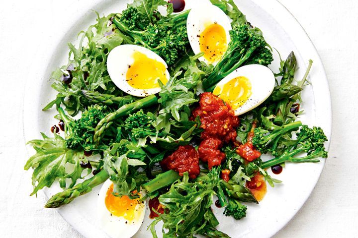 Cooking Eggs Kale, broccolini, asparagus and egg salad