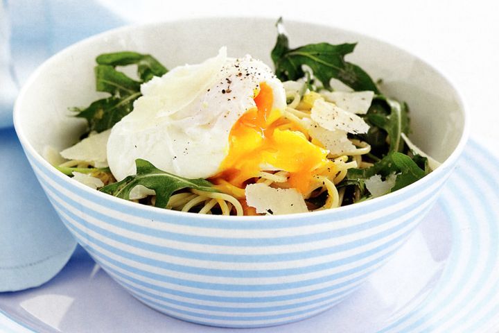 Cooking Eggs Lemon spaghettini with poached eggs & rocket