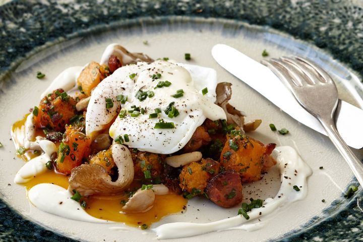 Cooking Eggs Mums poached eggs with butternut pumpkin hash and goat cheese