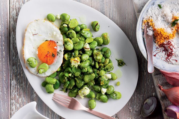 Cooking Eggs Persian broad beans with dill, feta & fried eggs