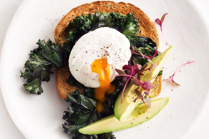 Cooking Eggs Poached egg with wilted kale and avocado