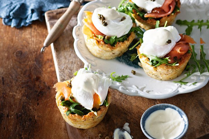 Cooking Eggs Poached eggs and salmon in potato rosti baskets