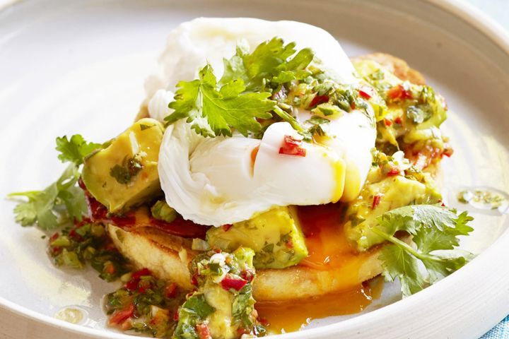 Cooking Eggs Poached eggs with coriander-lime sauce and avocado