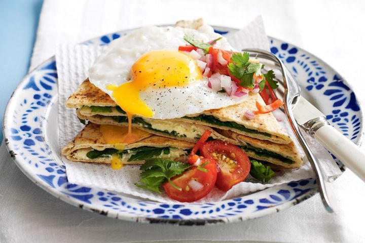 Cooking Eggs Ricotta and rocket quesadillas with fried egg