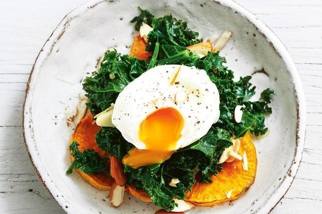 Cooking Eggs Roasted sweet potato, wilted garlic kale, poached egg and almonds