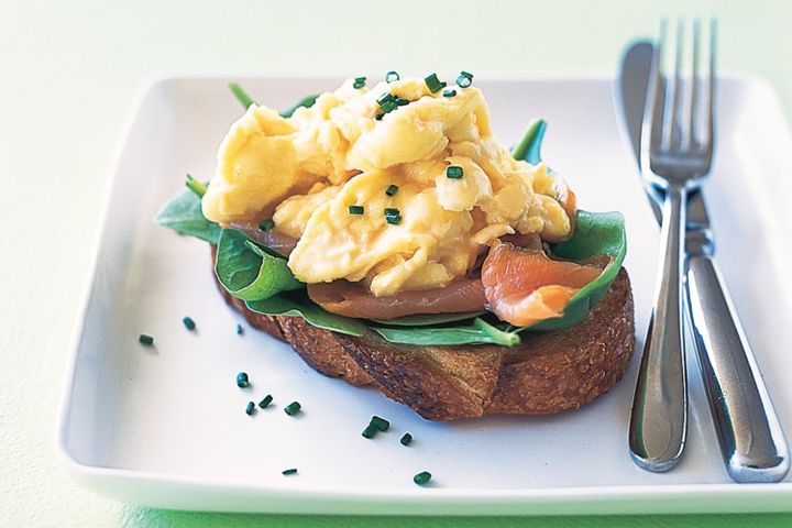 Cooking Eggs Scrambled eggs with smoked salmon and chives on sourdough