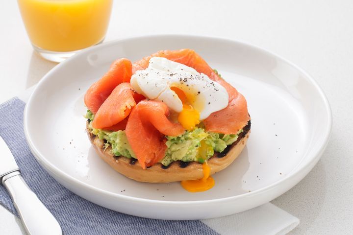 Cooking Eggs Smoked salmon, smashed avo & poached egg bagel