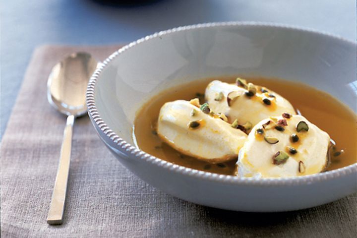 Cooking Eggs Snow eggs in passionfruit syrup with pistachios