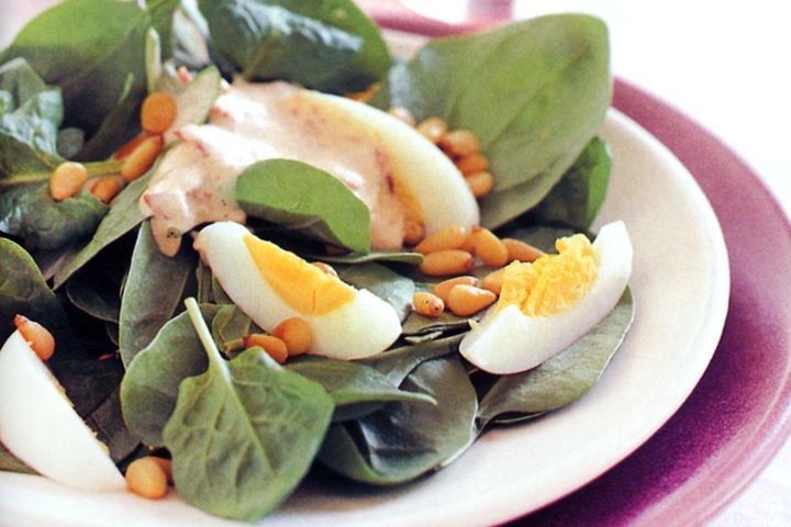 Cooking Eggs Spinach & pine nut salad with creamy bacon dressing