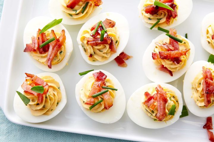 Cooking Eggs Sriracha devilled eggs with candied bacon