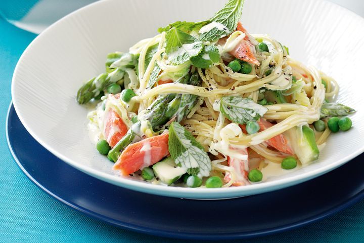Cooking Fish Angel hair pasta with smoked salmon, peas and mint