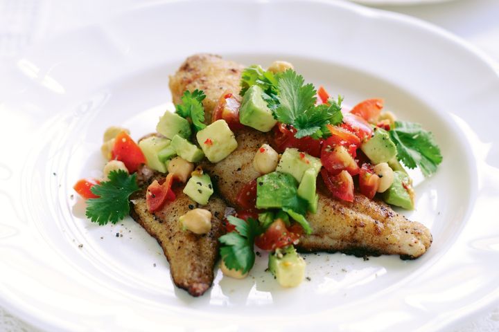 Cooking Fish Avocado and chickpea salsa with grilled fish