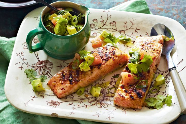 Cooking Fish Avocado and grapefruit salsa with spicy chargrilled salmon