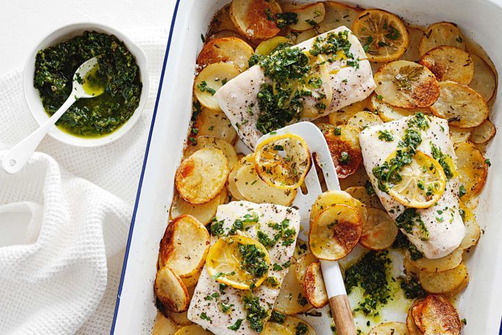 Cooking Fish Baked fish with salsa verde and rosemary potatoes