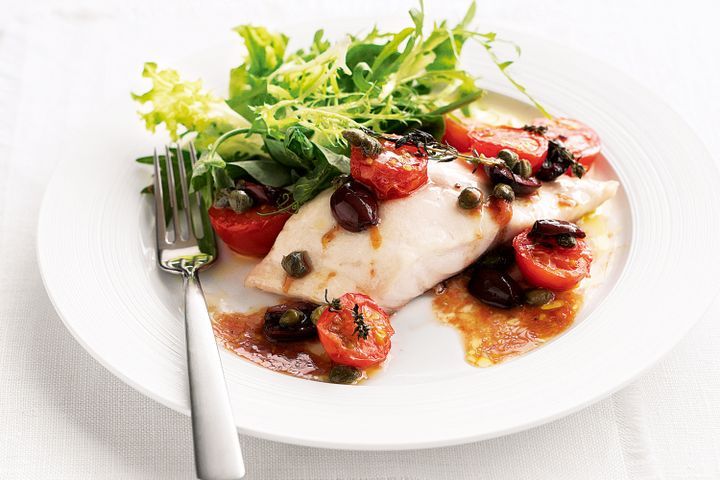 Cooking Fish Baked fish with tomatoes, olives and capers