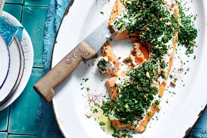 Cooking Fish Baked ocean trout with tahini and herb salad