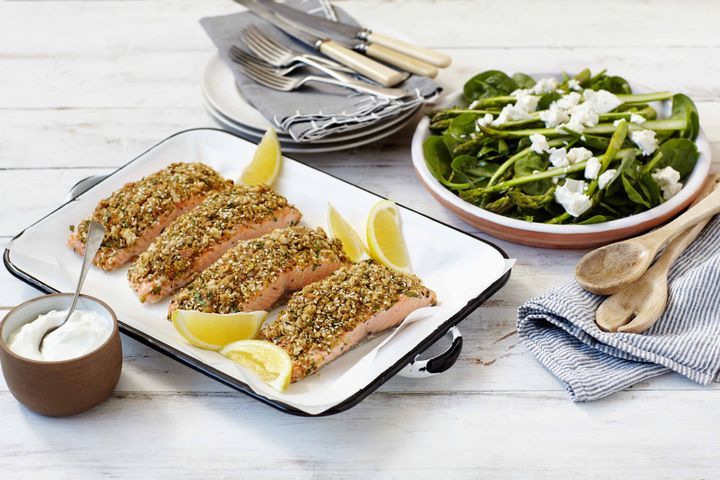 Cooking Fish Baked salmon fillets with dukkah crumb