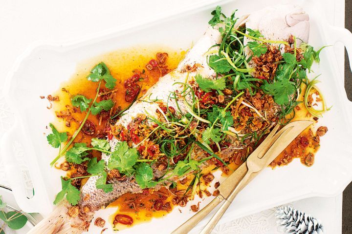 Cooking Fish Baked snapper with crunchy Asian-style dressing