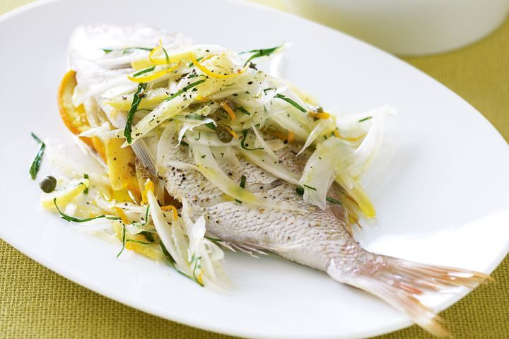 Cooking Fish Baked snapper with fennel and preserved lemon salad